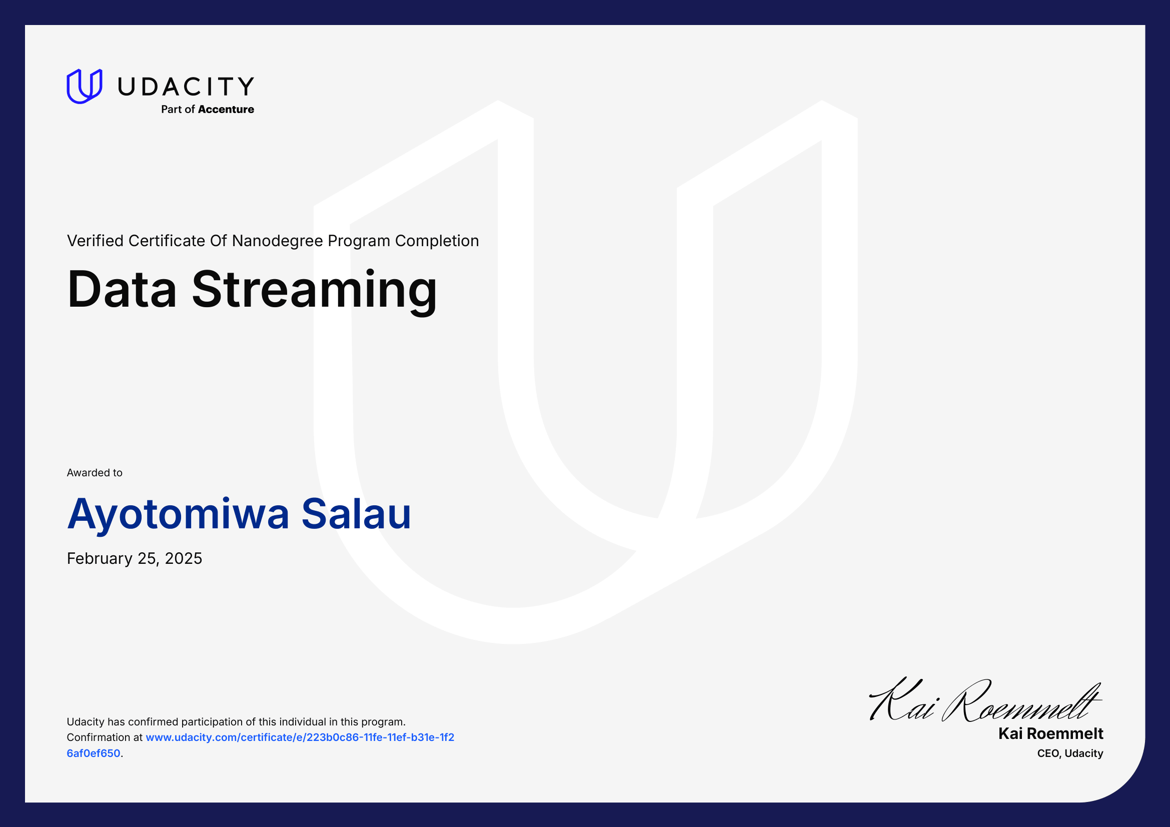 Certificate: Data Streaming