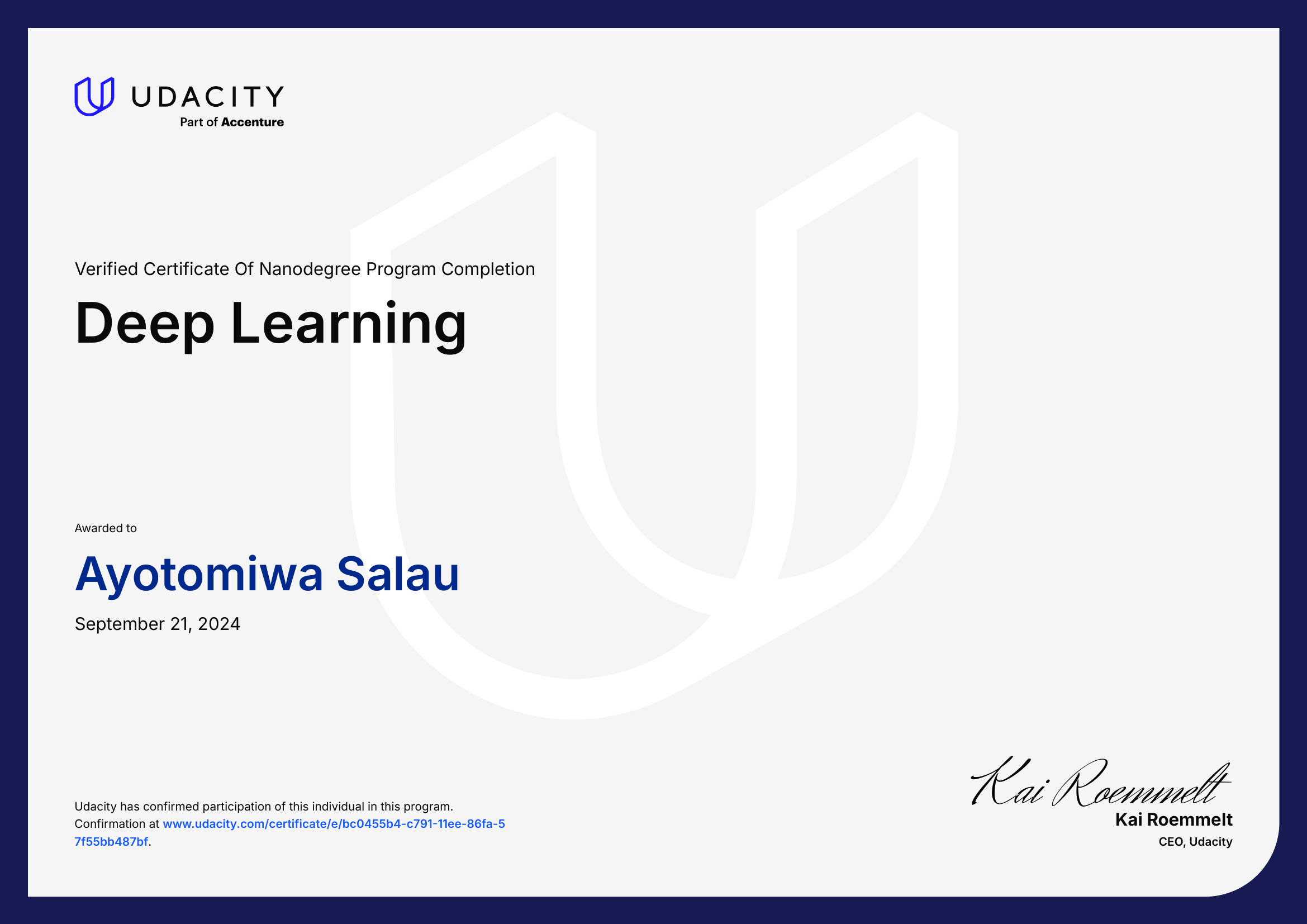 Certificate: Deep Learning